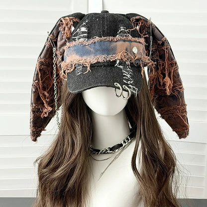 New Y2k Denim Fur-Edge Rabbit Ears Baseball Cap