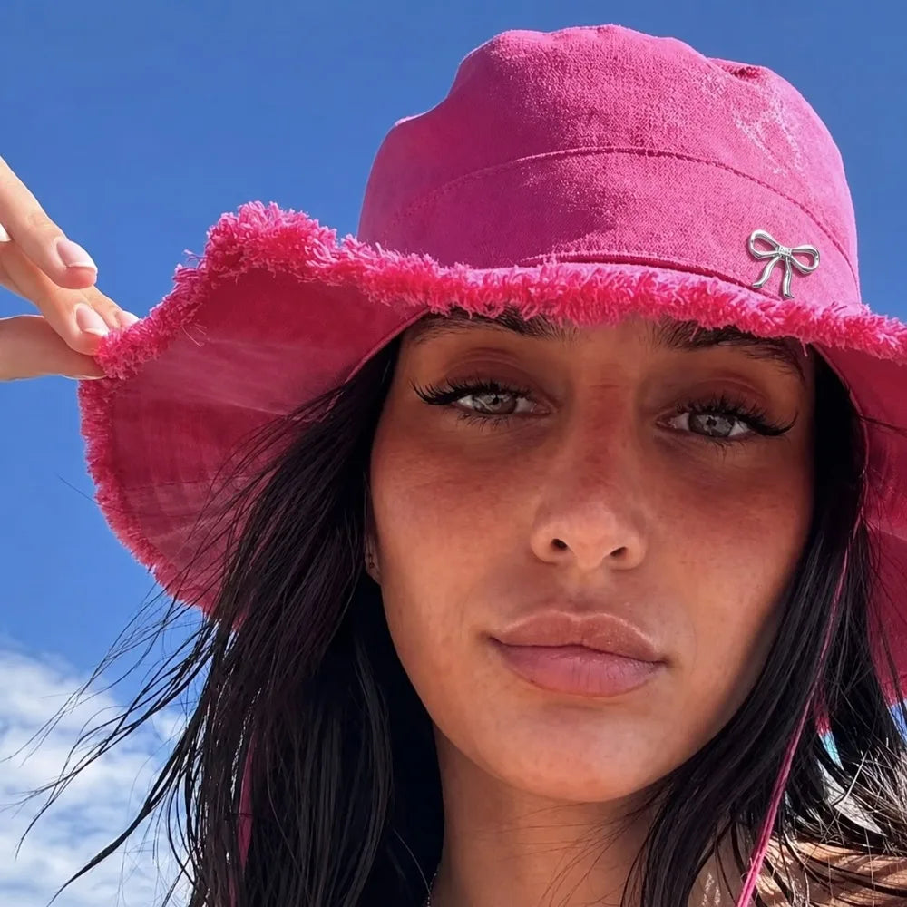 Women's Adjustable Strap Chin Drawstring Bow Distressed Edge Windproof Bucket Hat