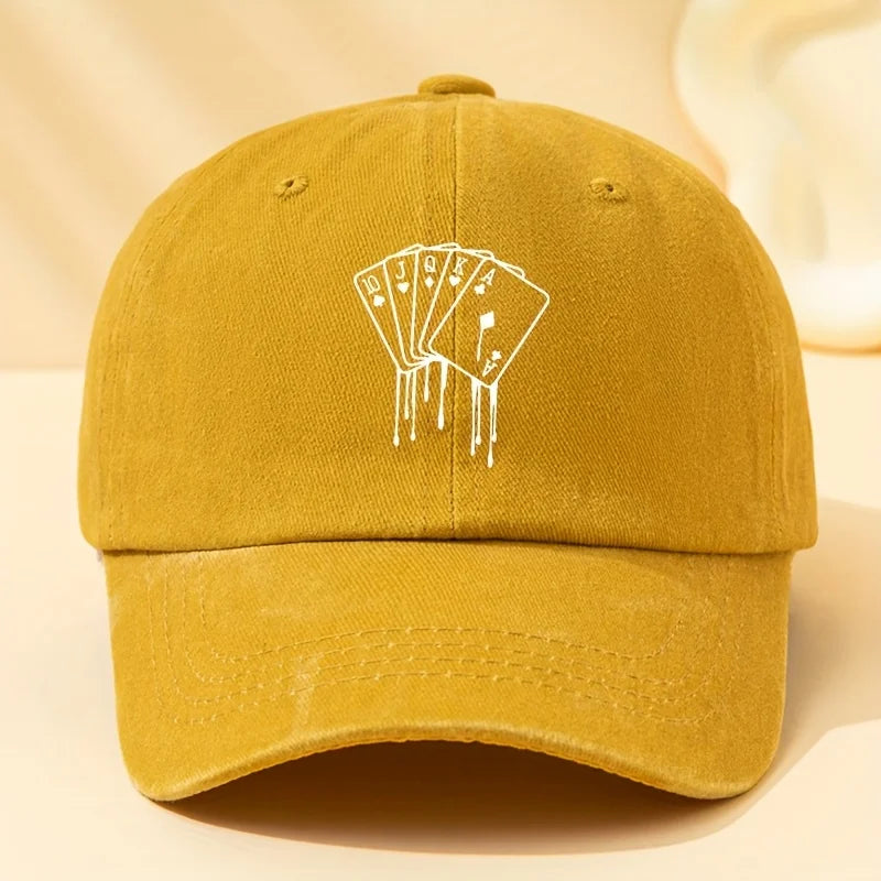 Poker Card Printed Washed Baseball Cap for Vacation, Travel, Camping and Leisure