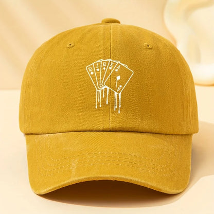 Poker Card Printed Washed Baseball Cap for Vacation, Travel, Camping and Leisure