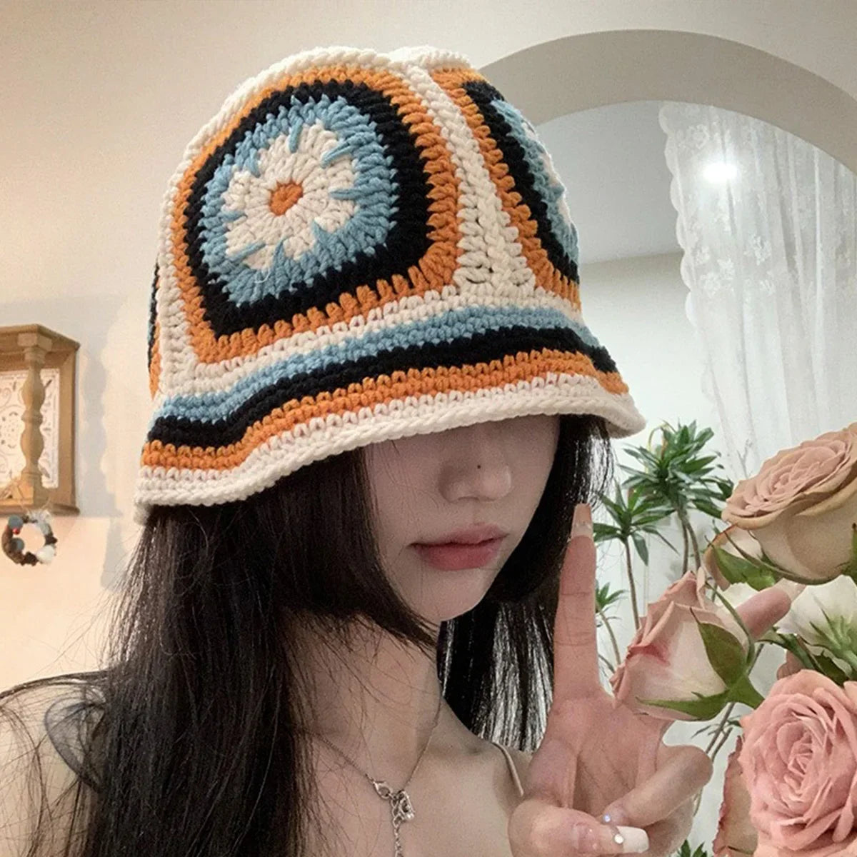 Women Muticolor Crochet Korean Handmade Bucket Hat Women Weaving Knitted Hat Y2k Fashion Flowers Autumn Cap