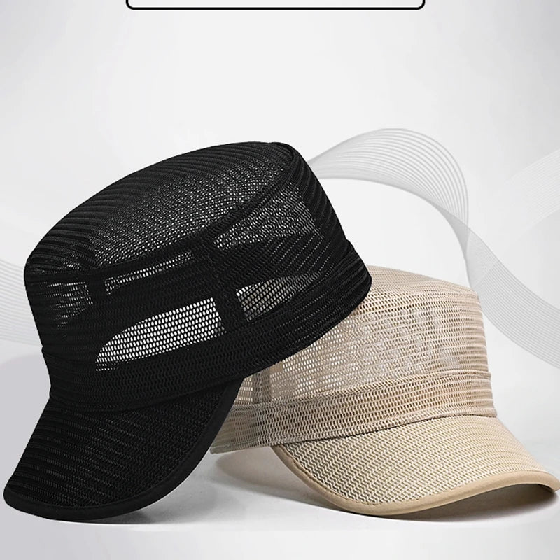 Dad Summer 100% Mesh Sun Caps Male Army Flat Cap Women Cool Cadet Hat Big Bone Men