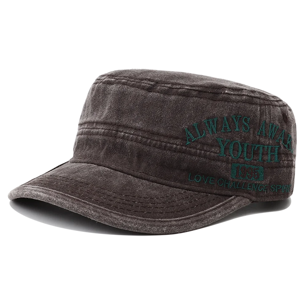 2024 New Letter Embroidery Washed Cotton Flat Top Military Cap