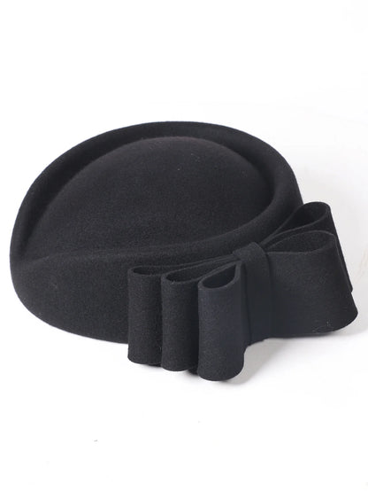 Winter Pink Wool Fascinator French Beret Bowler Hats With Bowknot Elegant Wedding