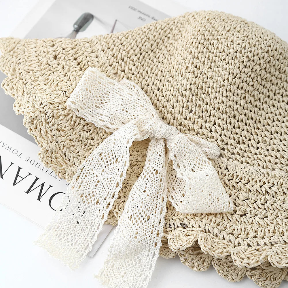 Women's Lace-Up French Straw Hat Sun Protection Seaside Sun Hat