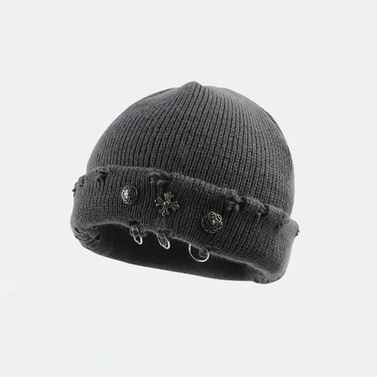 Street Hip-Hop Retro Cross Ring Perforated Woolen Hat For Women