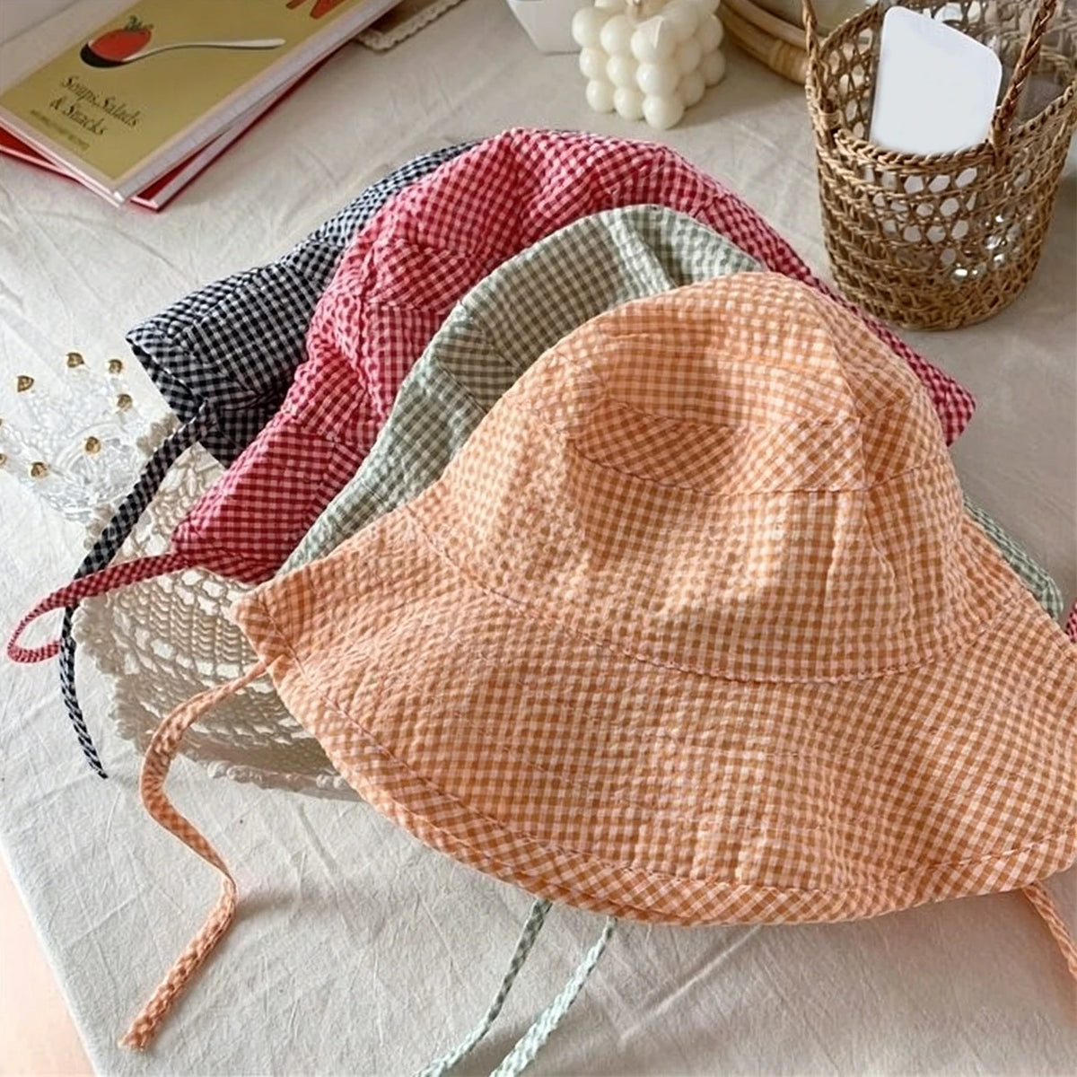 Korean Plaid Baby Bucket Hat Summer Wide Brim Fisherman Cap