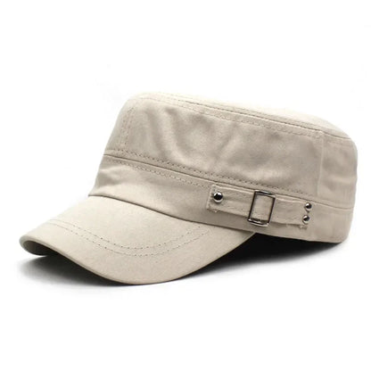 Army Cap Men Women Pure Color Washed Cotton Flat Top Cap Outdoor