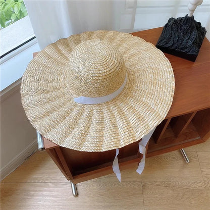 Straw Square Ribbon Straw Hat Beach Travel Sun Protection Flat Hat