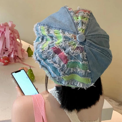 Women Washed Denim Beret Hat Fashion Patchwork Hole Octagonal Cap