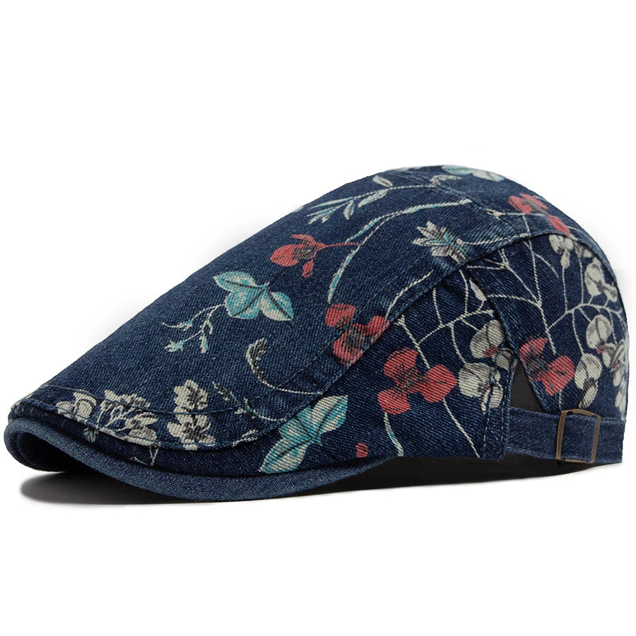New Vintage Print Denim Beret Women Men Cotton Newsboy Cap Casual Visor Fashion Flat Hat