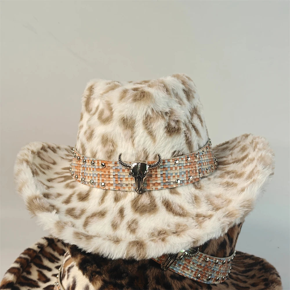 Leopard Print Rabbit Fur Western Cowboy Fedora Hat