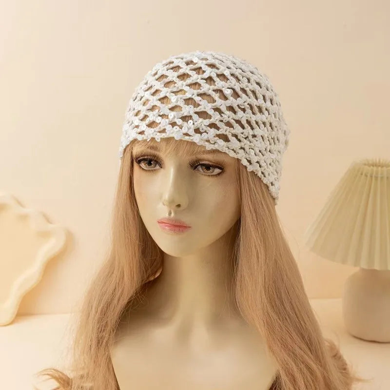 New Adult Hair Cap With Hollow Design Solid Color Knitted Mesh Cap