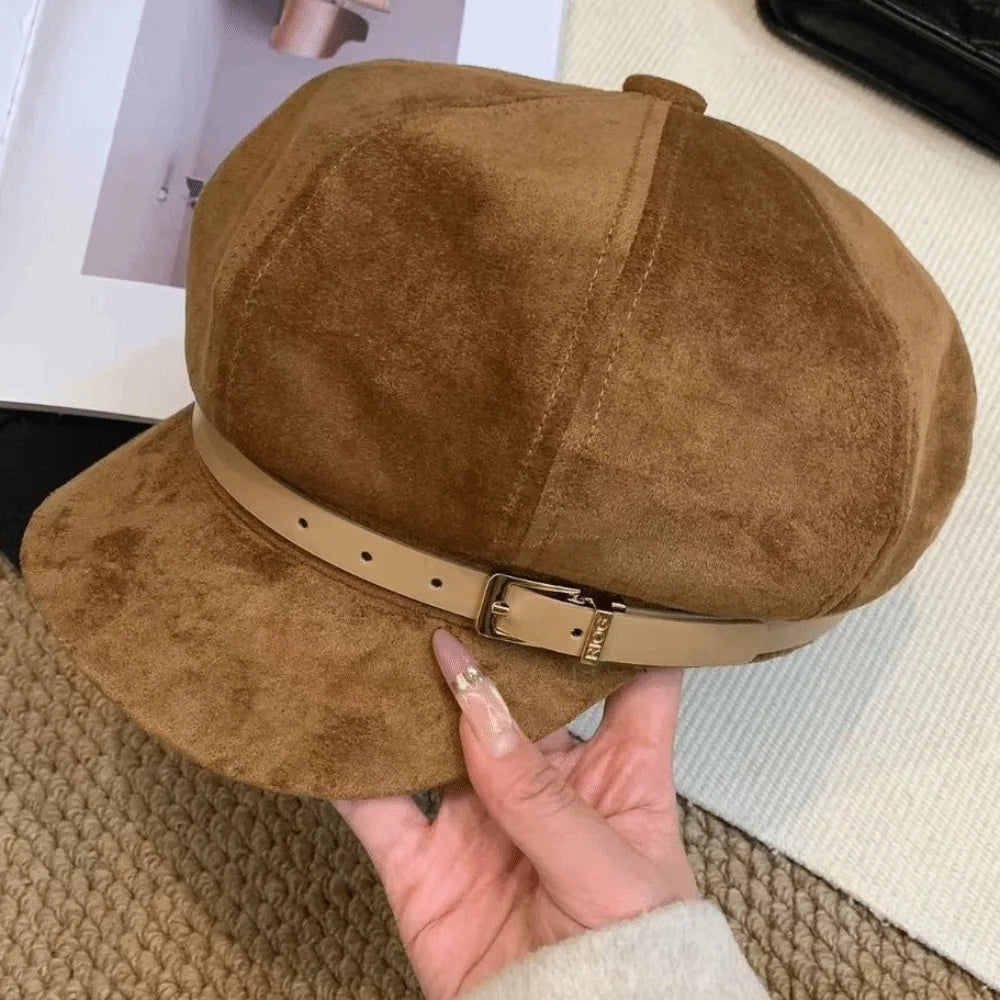 Fashion British Style Pu Leather Beret Belt Buckle Retro Suede Octagonal Hat