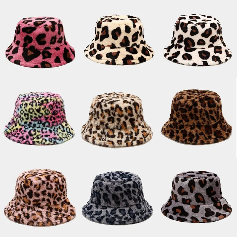 Winter Bucket Hat Women's Fashion Leopard Panama Warm Bucket Hats