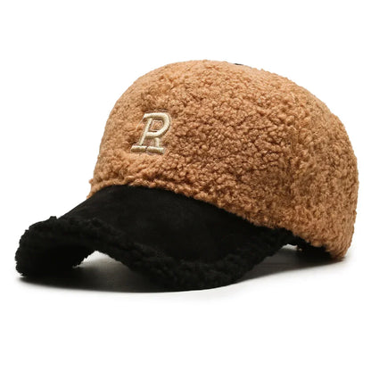 Trendy Big Letter Embroidery Men Winter Hats White Brown Lambswool Baseball Cap for Women