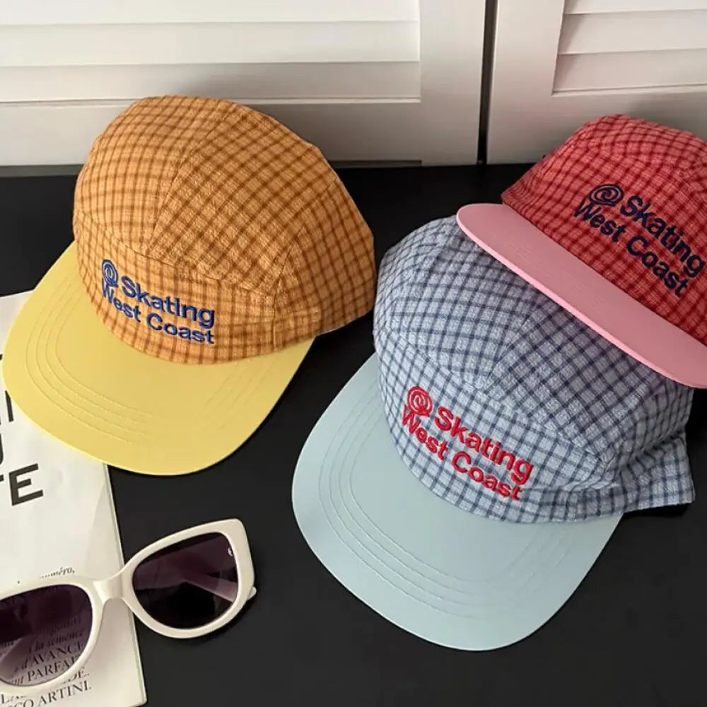 Cotton Baseball Cap Embroidered Plaid 5 Panel Hat Unisex