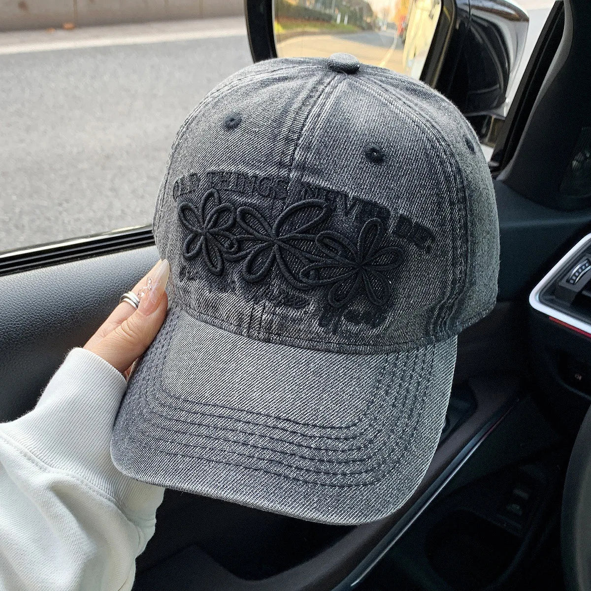 Vintage Washed Cotton Baseball Cap with Cute Flower Embroidery