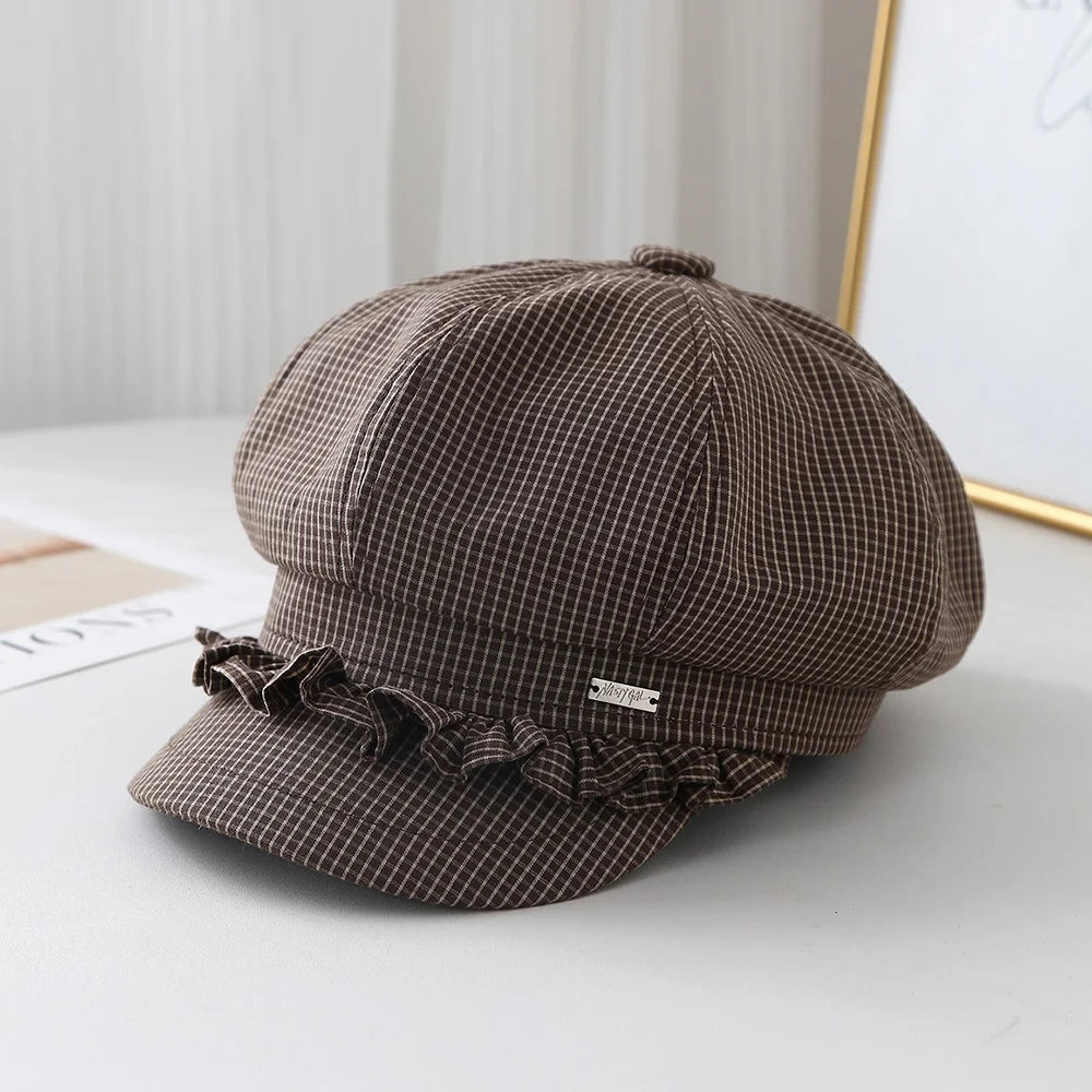 Striped Plaid Octagonal Cap Women Beret