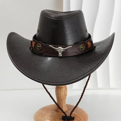 Unisex Vintage Faux Leather Western Cowboy Hat Outdoor Gentleman Cowgirl Jazz Cap