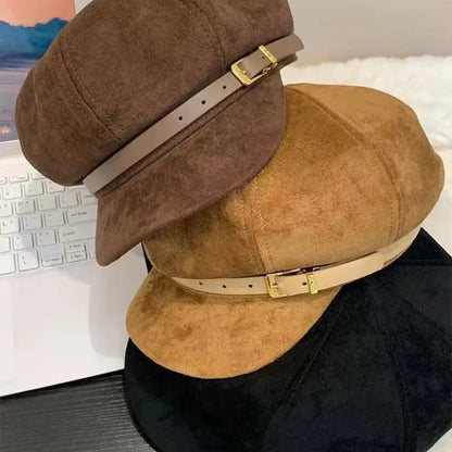 Personality British Style Pu Leather Beret Belt Buckle Brown Suede Octagonal Hat