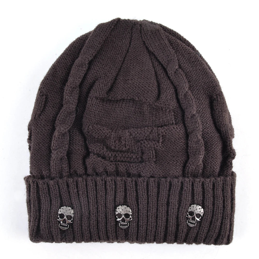 Winter Beanies Men Knitted Skull Pattern Solid Color Hat With Metal Skulls