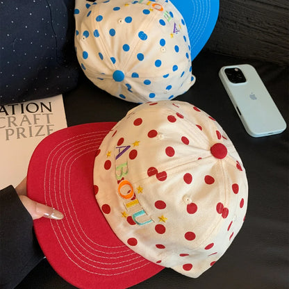 Korean Polka Dot Letter Embroidery Color Blocking Flat Brim Hip Hop Hat for Men and Women