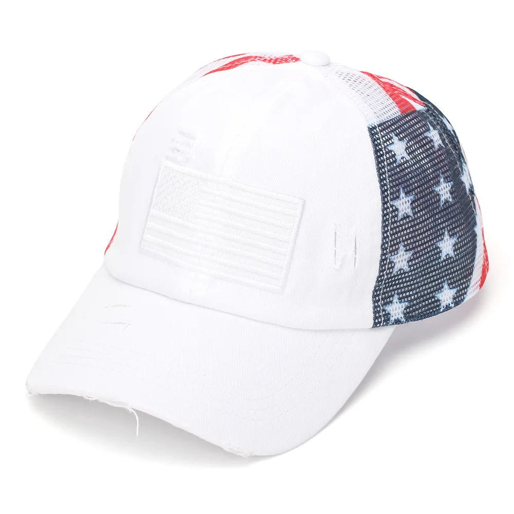 Summer Women Baseball Cap USA Star Print High Ponytail Hats