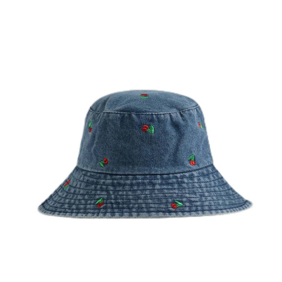 Spring Summer Strawberry Embroidery Denim  Bucket Hat