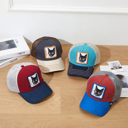 1PC Mesh Baseball Hat, Breathable, Embroidered Lucky Cat Patch, Color Block Streetwear