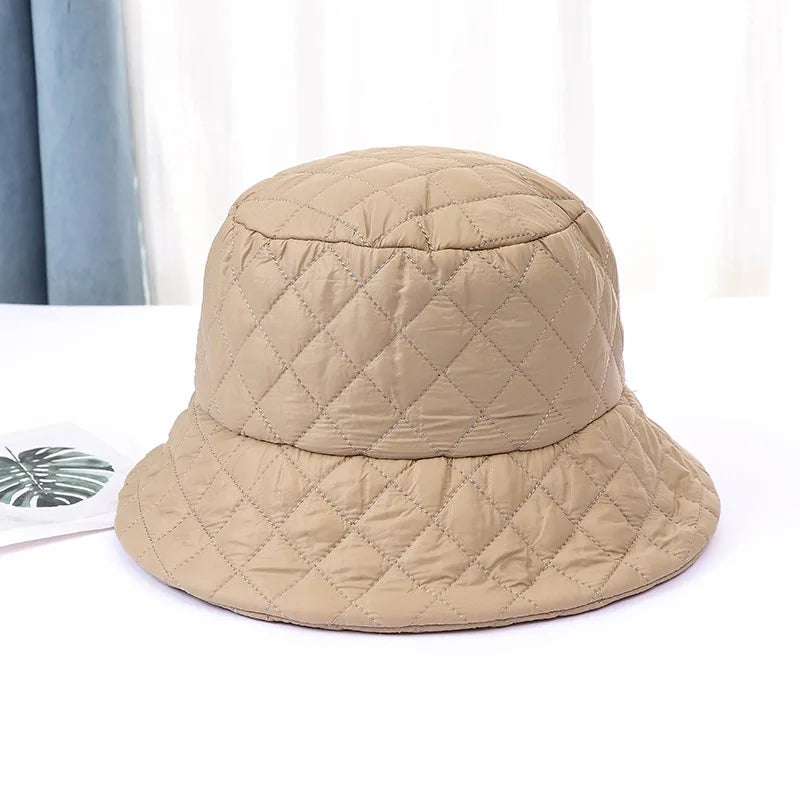 Winter New Ultra Light Down Cotton Rhombus Fisherman Hat  Cap Cotton Jacket Warm Korean Casual y2k Pot Hat