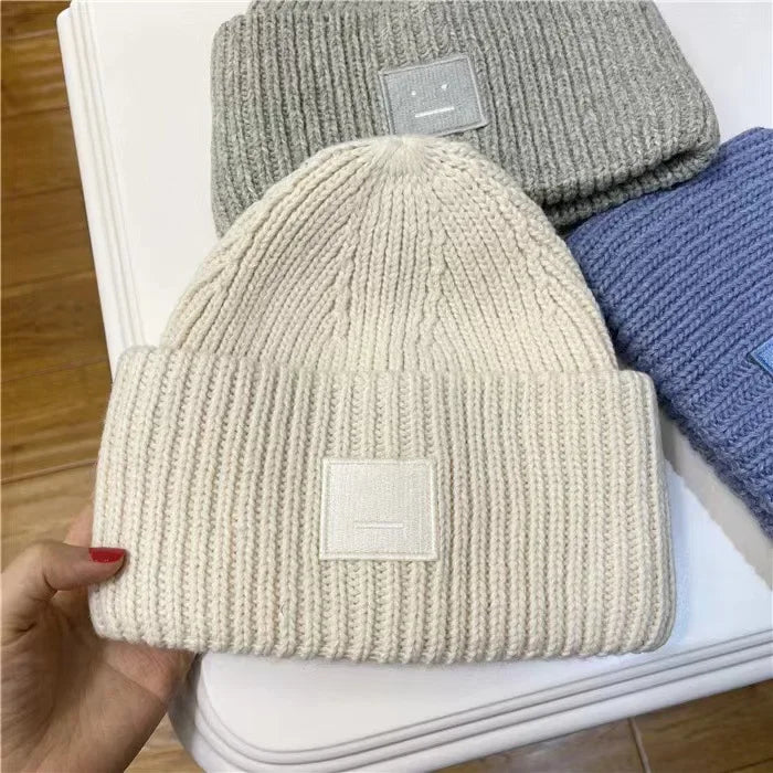 Warm And Cozy Knitted Beanie With Square Labels - Scandinavian Style Wool