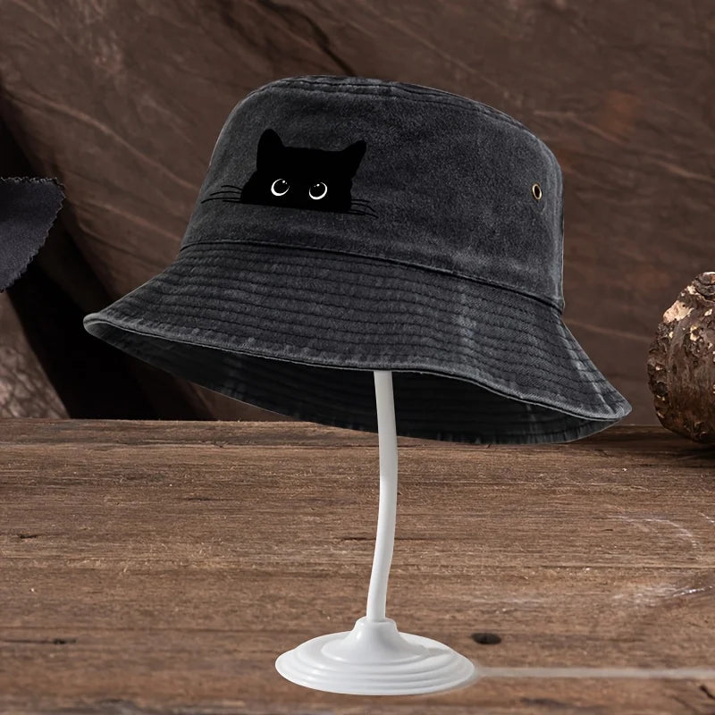 Cute Black Cat Print Pattern Fisherman Hat with Vintage Style Suitable for Outdoor Travel for Men and Women