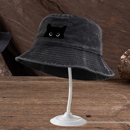 Cute Black Cat Print Pattern Fisherman Hat with Vintage Style Suitable for Outdoor Travel for Men and Women