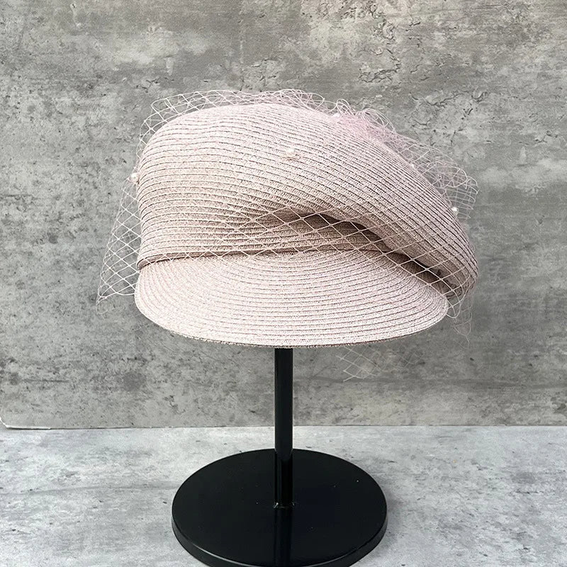 Elegant Mesh Pearl Beret Newsboy Hat Japanese Pleated Cap
