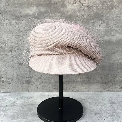Elegant Mesh Pearl Beret Newsboy Hat Japanese Pleated Cap
