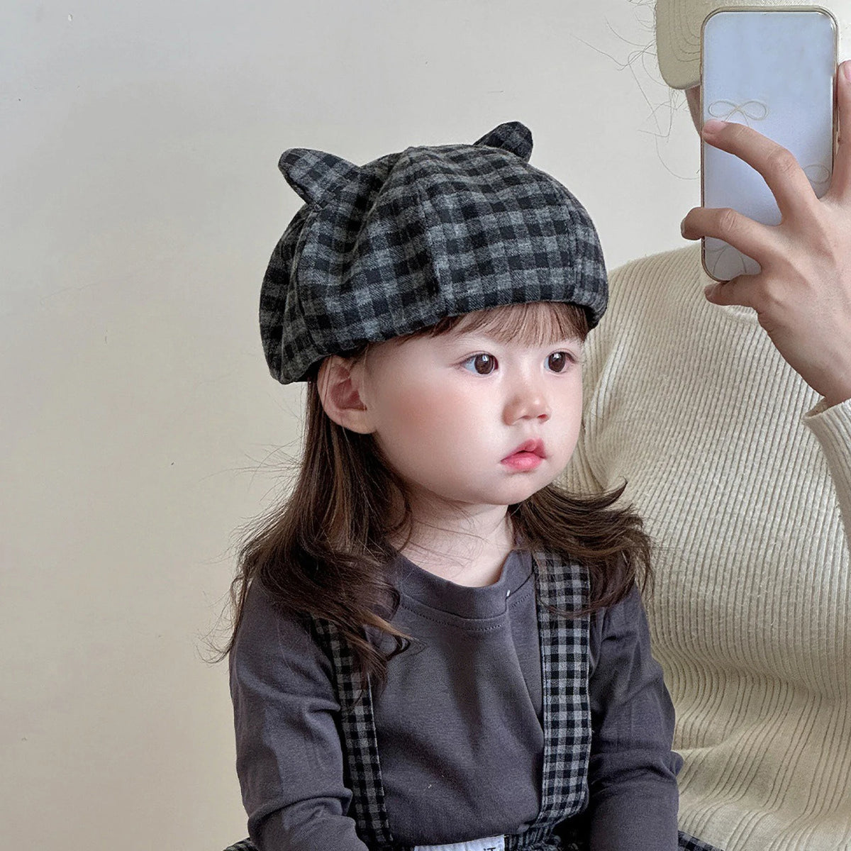 Cute Cats Ears Beret Japanese Children Octagonal Hat Fashion Plaid Kids Pumpkin Hats