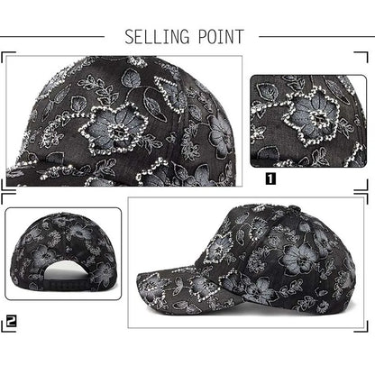 Women Baseball Cap Flower Print Rhinestone Lace