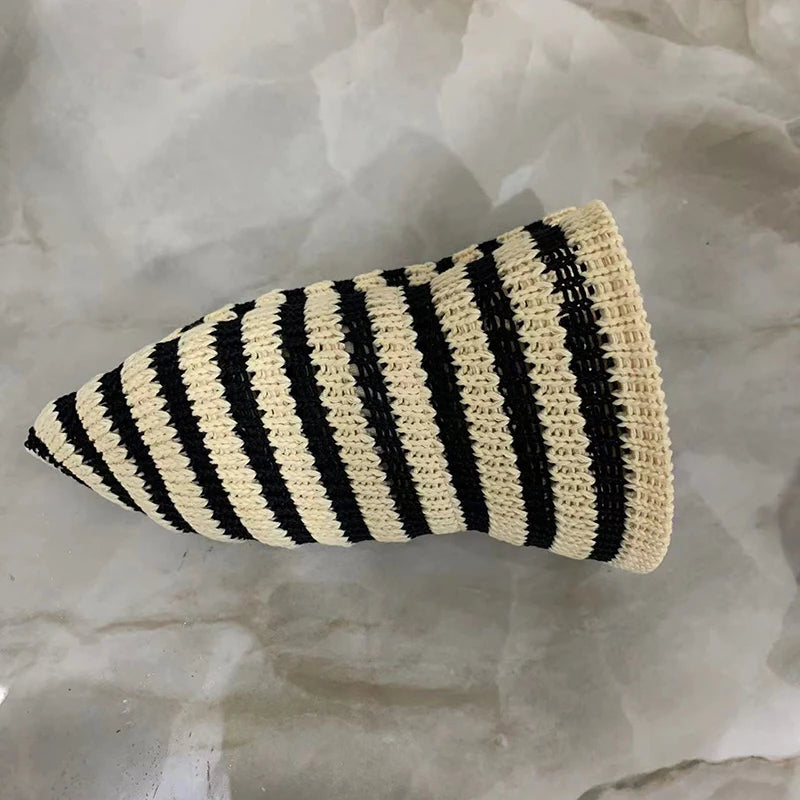 Striped Hollow Women Bucket Hat Spring Summer Outdoor