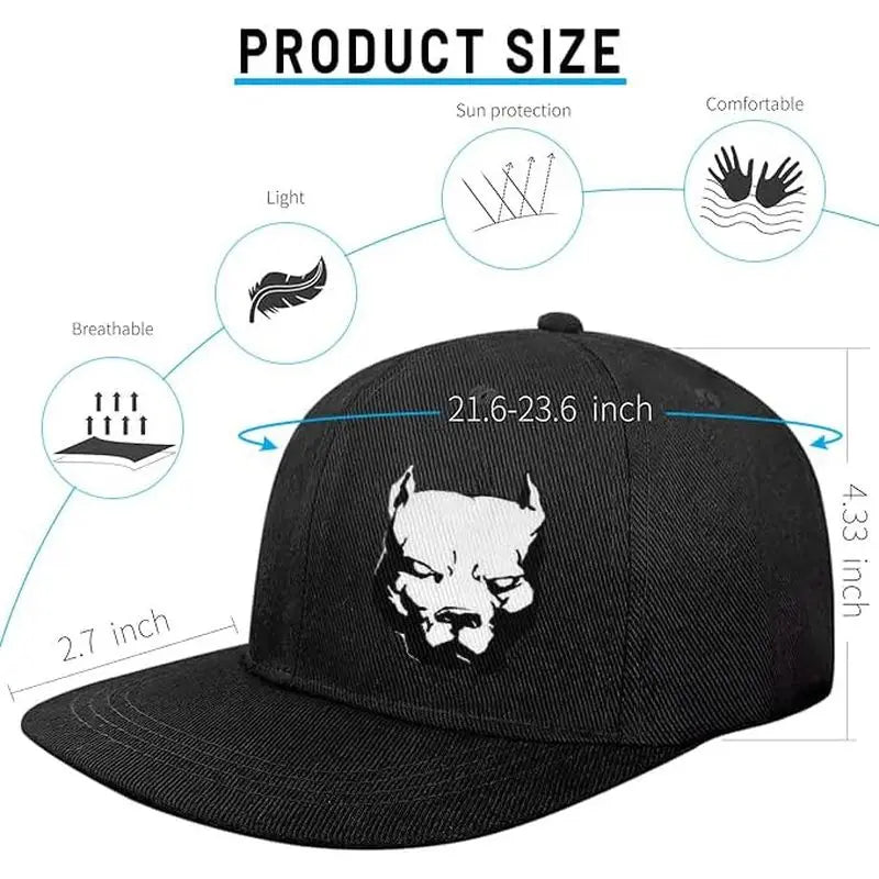 Flat Bill Hats For Men Snapback Snap Backpack Hat For Boy Wide Brim Pitbull Lids Black Baseball Cap
