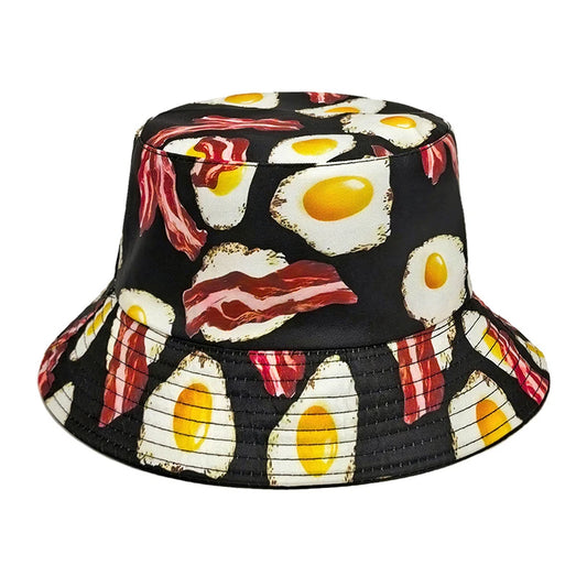 Cartoon Pattern Bucket Hat Eggs Bacon Printing Fisherman Hats Foods Double Sides