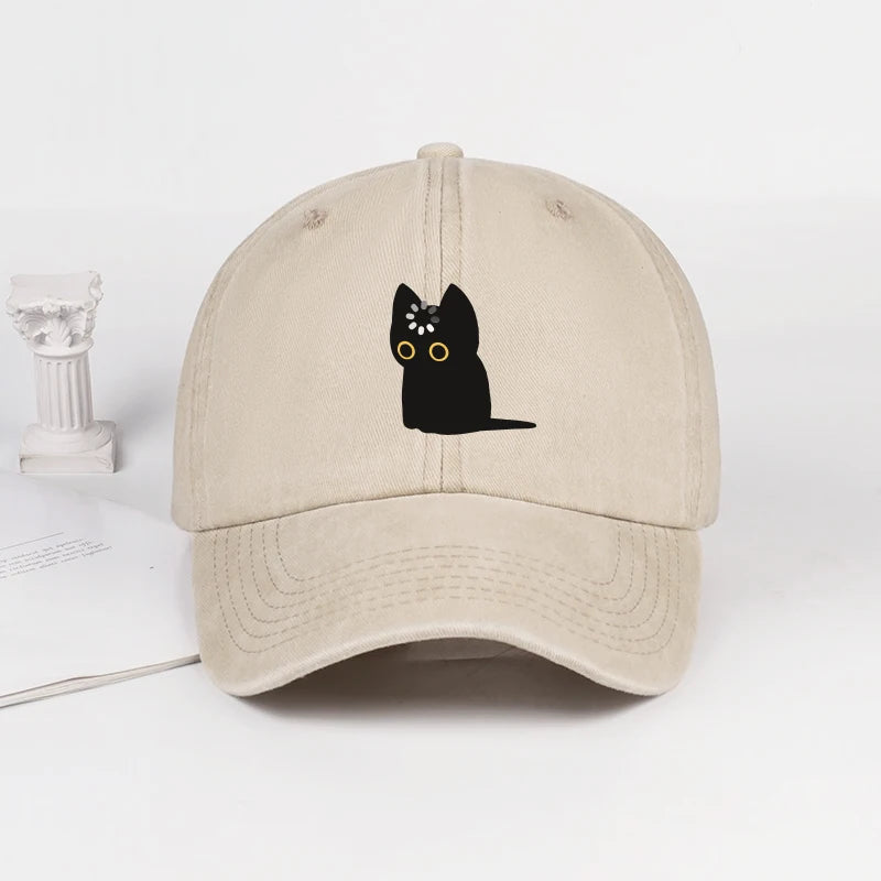 Cute Black Cat Print Washed Baseball Cap Soft