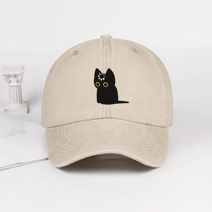Cute Black Cat Print Washed Baseball Cap Soft