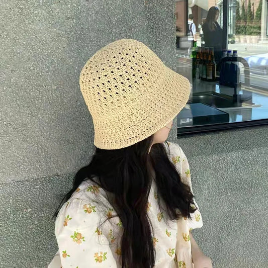 Straw Dome Weave Bucket Hat Hollow Out Breathable Sun Hats