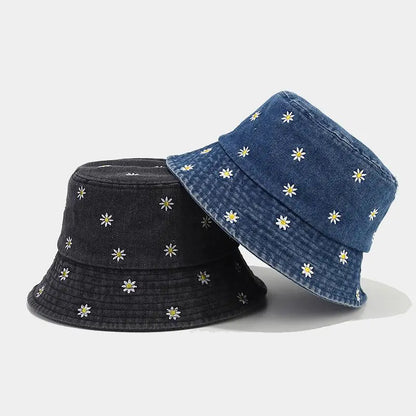 Four Seasons Denim Flower Embroidery Bucket Hat Fisherman Hat Outdoor Travel Sun Cap for Men and Women