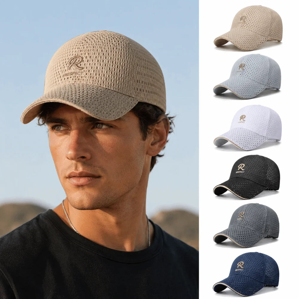 R Letter Embroidery Full Mesh Baseball Cap