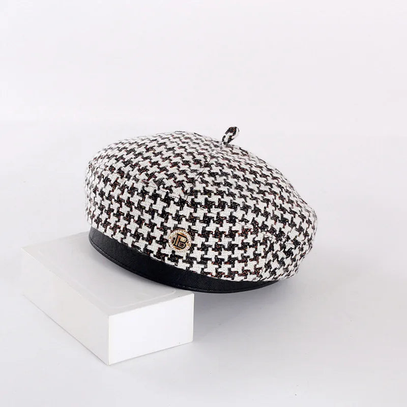 New Fashion All-Match Houndstooth Female British Retro Octagonal Hat