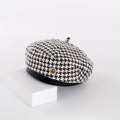 New Fashion All-Match Houndstooth Female British Retro Octagonal Hat