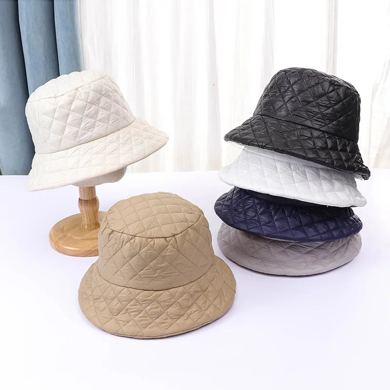 Winter New Ultra Light Down Cotton Rhombus Fisherman Hat  Cap Cotton Jacket Warm Korean Casual y2k Pot Hat