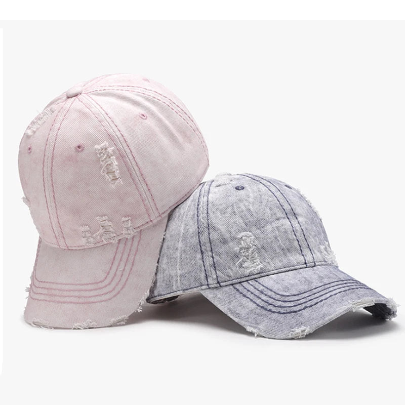 Women Men Baseball Cap Denim Cotton Faded Distressed Ripped Caps